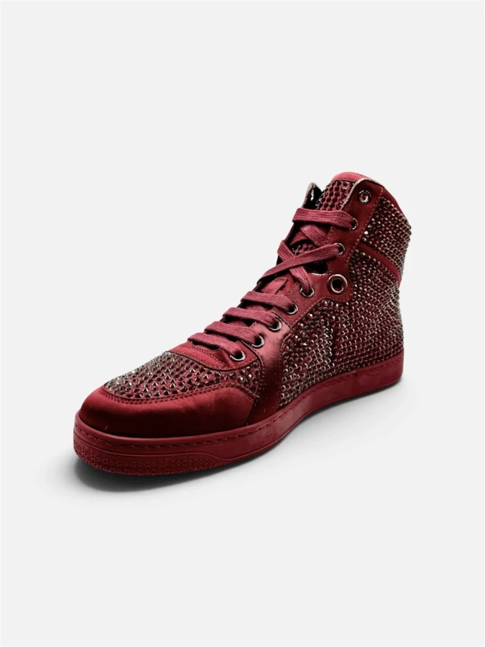Gucci Burgundy Crystal Studded Satin Sneakers Men 5G US 7-7.5 NIB
